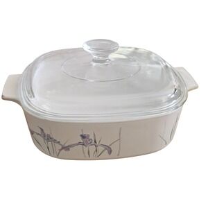 Corning Ware Iris Casserole Dish with Glass Lid Square White‎ Purple Floral 2L